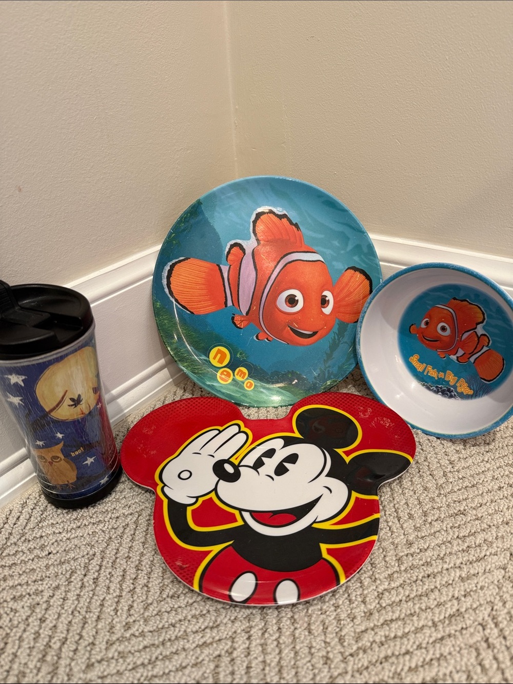 Disney Kids Plate & Bowl Set and Mickey Plate and Starbucks Night Owls Cup